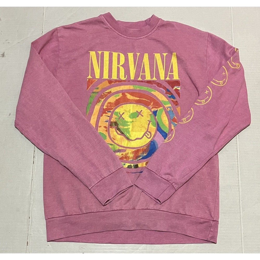 Nirvana Sweatshirt Womens Size Large Pink Cotton Graphic Print Crew Neck Pullove